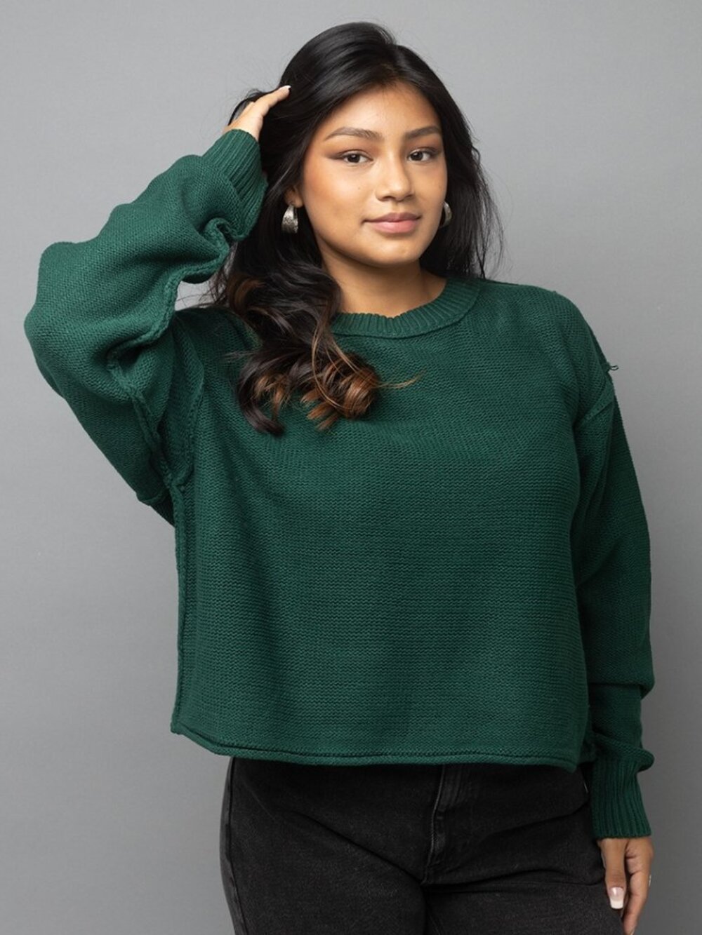 Green Crew Neck Semi Crop Knit Sweater